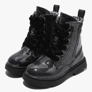 Girls Sparkly Black Combat Boots, size 2